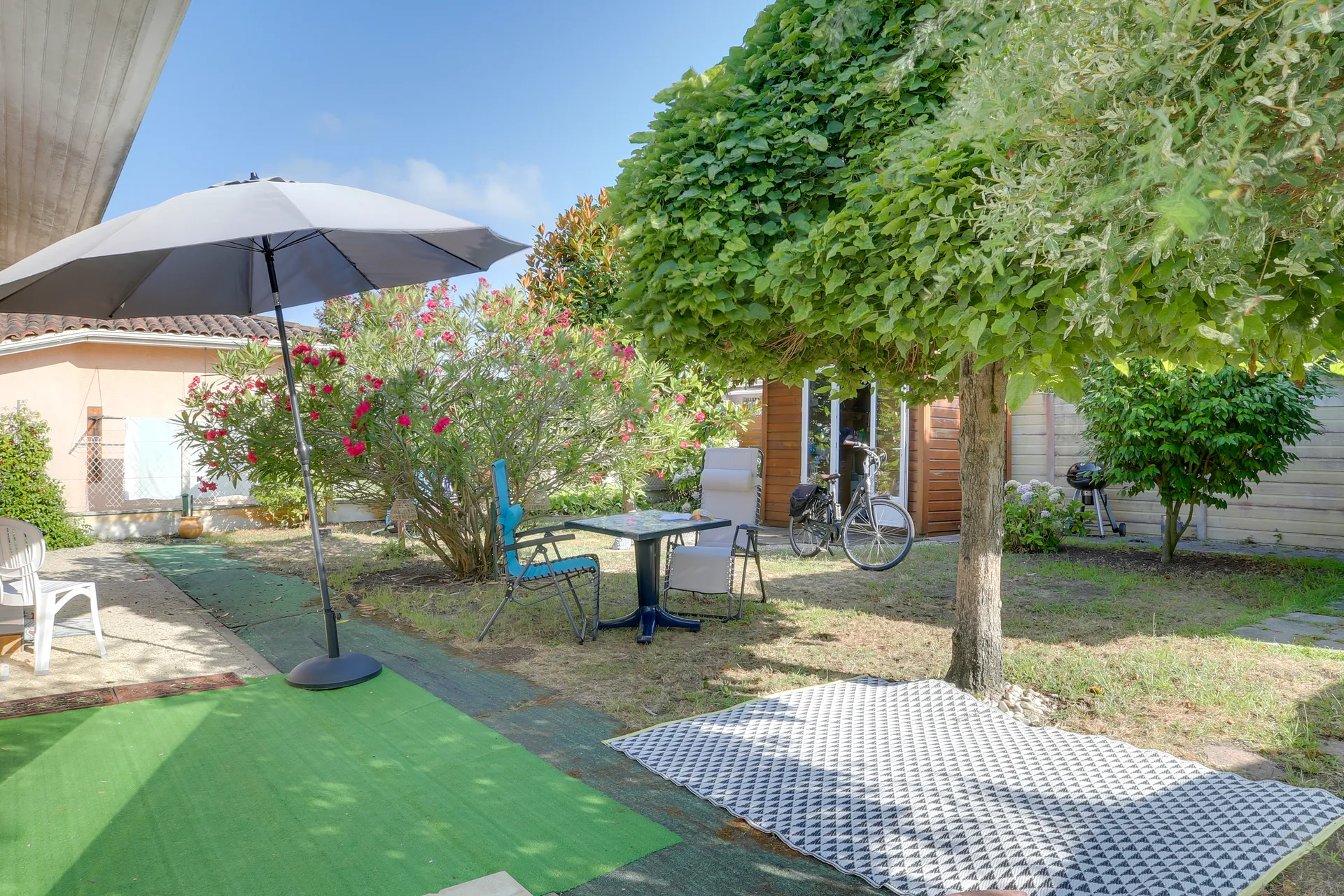 Jardin avec parasol et arbre